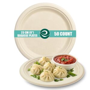 ECO SOUL | Disposable Bagasse Plates | 9 inch - Pack of 50 | Disposable Plates Big Size for Snacking & Everyday Use | Sturdy, Microwave Safe, Leak-Resistant | Sugarcane Bagasse